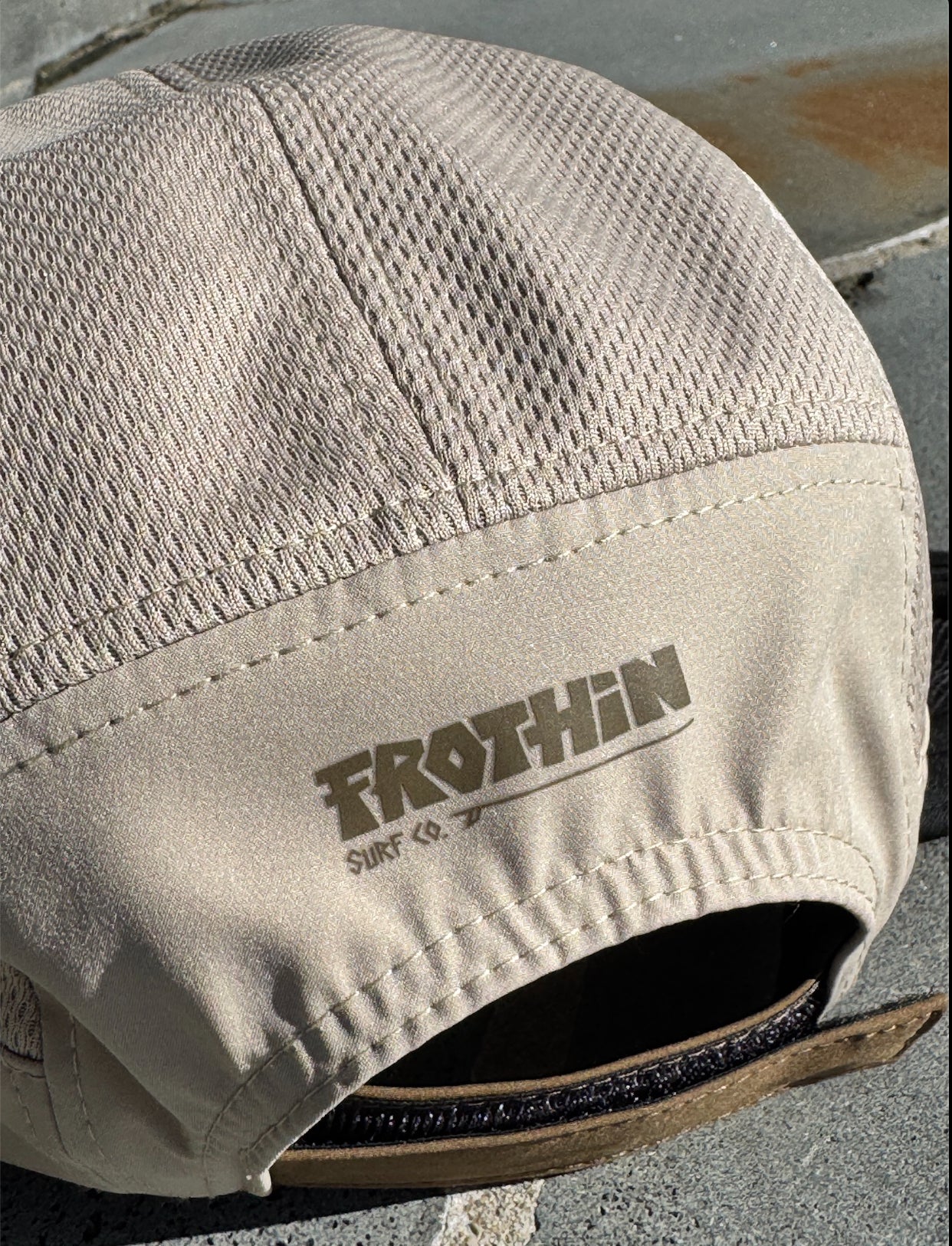 Choc Chip - 5 panel surf cap with permanent chin strap