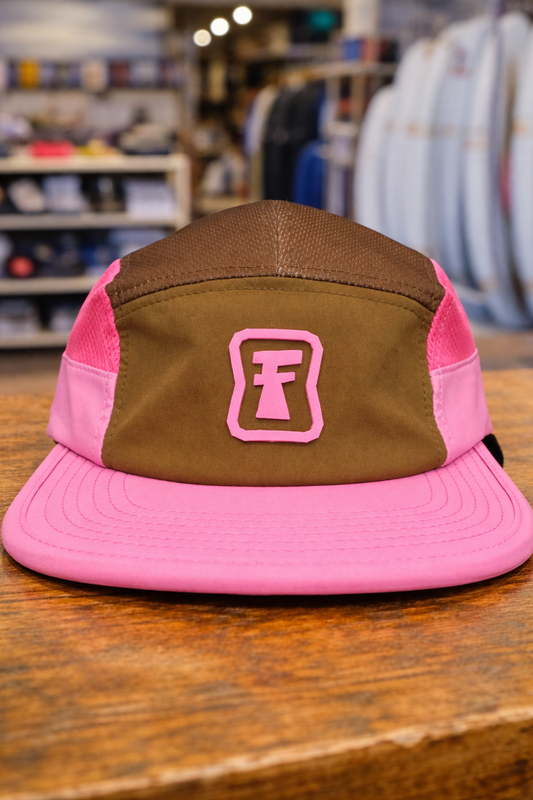 Cherry Choc - 5 panel surf cap with permanent neoprene chin strap